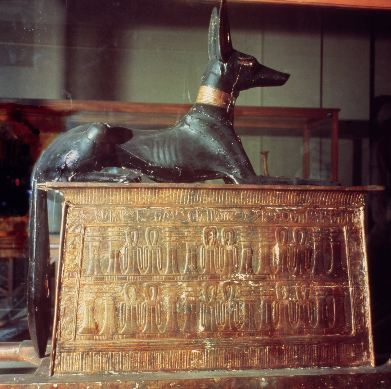 Anubis, egyptisk gud for de døde, siddende på toppen af en kiste i form af en helligdom, fra Tutankhamons grav (ca. 1370-52 f.Kr.) New Kingdom (træ) (se også 149424) af Egyptian 18th Dynasty
