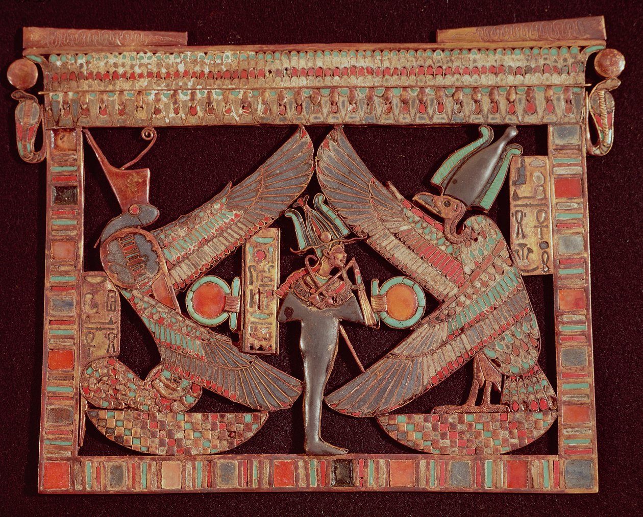 Brystplade forestillende Osiris, guden for efterverdenen, fra Tutankhamons grav i Kongernes Dal i Theben, ca. 1361-52 f.Kr., Det Nye Rige (guld, lapis lazuli m.m.) af Egyptian 18th Dynasty
