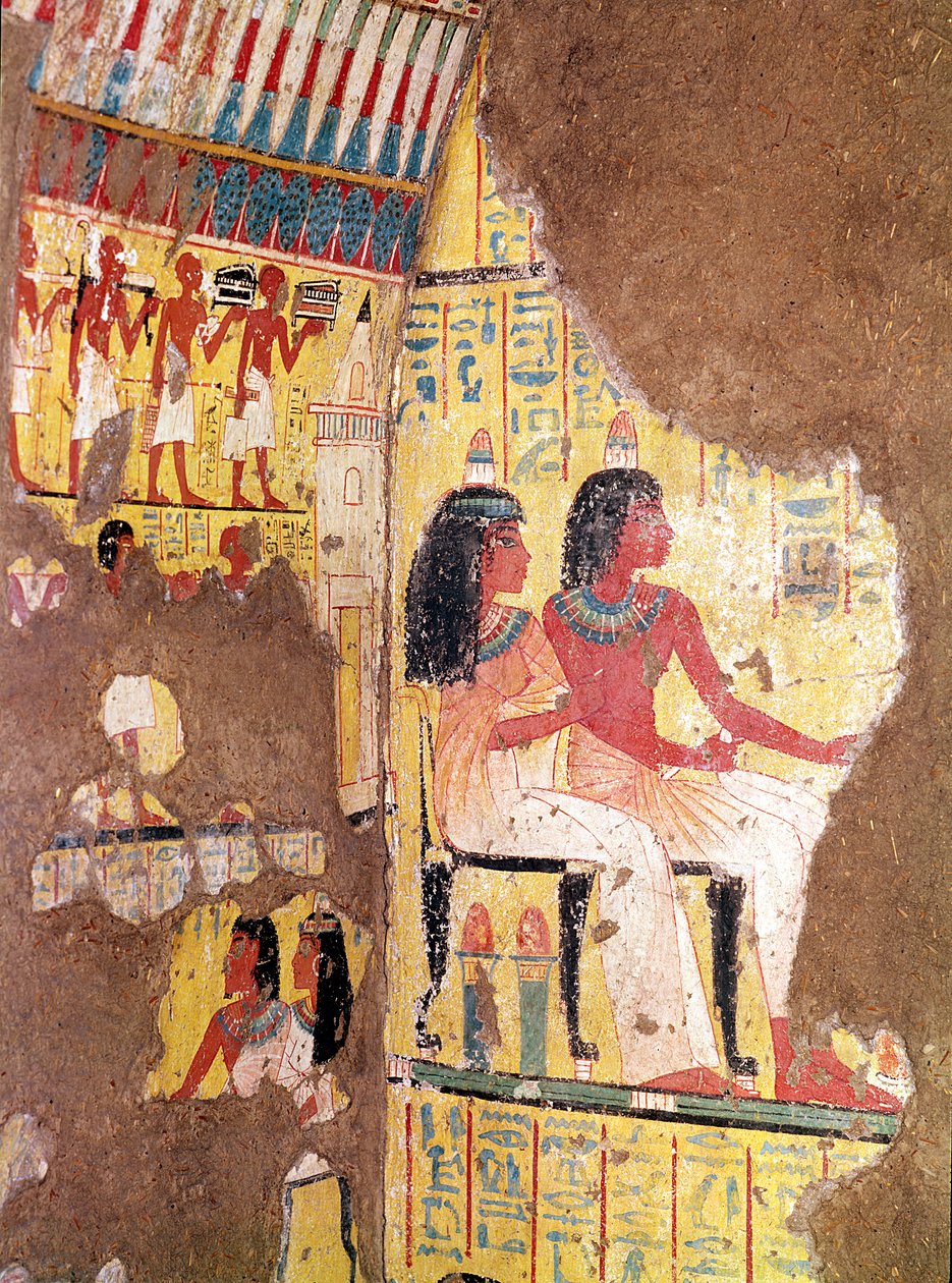 Maleren Maie og hans kone sad fra deres grav, rekonstrueret i museet, New Kingdom (malet kalksten) af Egyptian 18th Dynasty