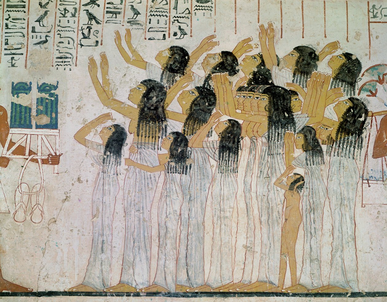 Grædende kvinder i et begravelsesoptog, fra Ramoses gravkapel, vesir og guvernør i Theben, New Kingdom, ca. 1360 f.Kr. (vægmaleri) af Egyptian 18th Dynasty