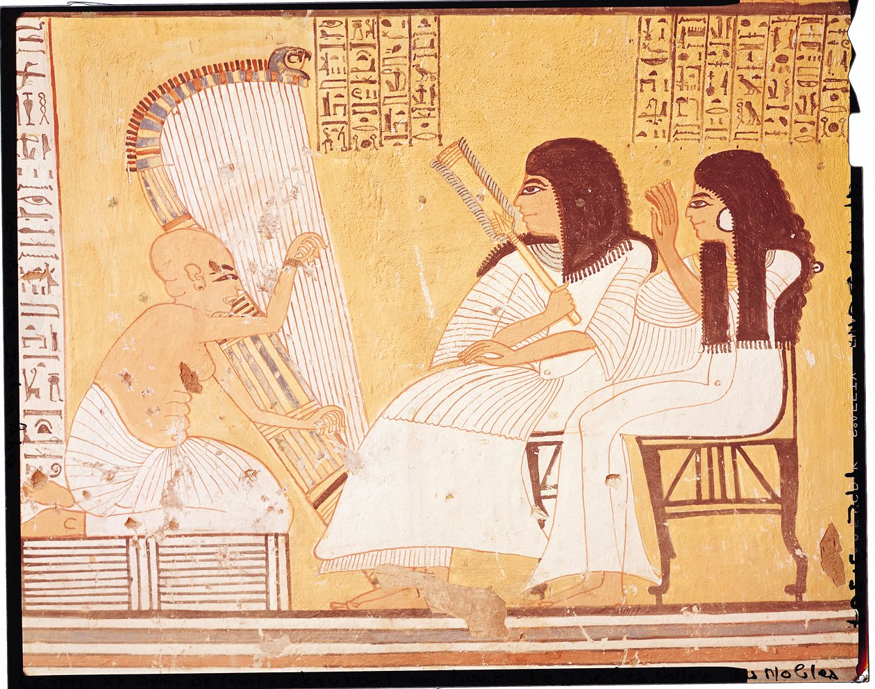 Den afdøde og hans kone lytter til en blind harpespiller, fra Ankerkhes grav, Workmens Tombs, New Kingdom (vægmaleri) af Egyptian 20th Dynasty