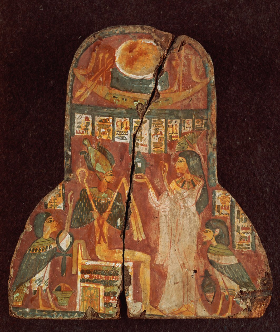 Låg på sangerinden Toarnemihertis kiste, der viser den afdøde, der tilbyder røgelse til den tronende Osiris, tredje mellemliggende periode (malet sten) (se 107961) af Egyptian 21st Dynasty