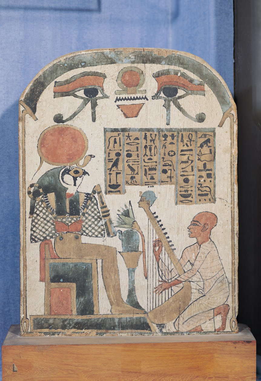 Stela af harpespilleren Djedkhonsuiuefankh, egyptisk, tredje mellemperiode, (stukket og malet træ) af Egyptian 22nd Dynasty