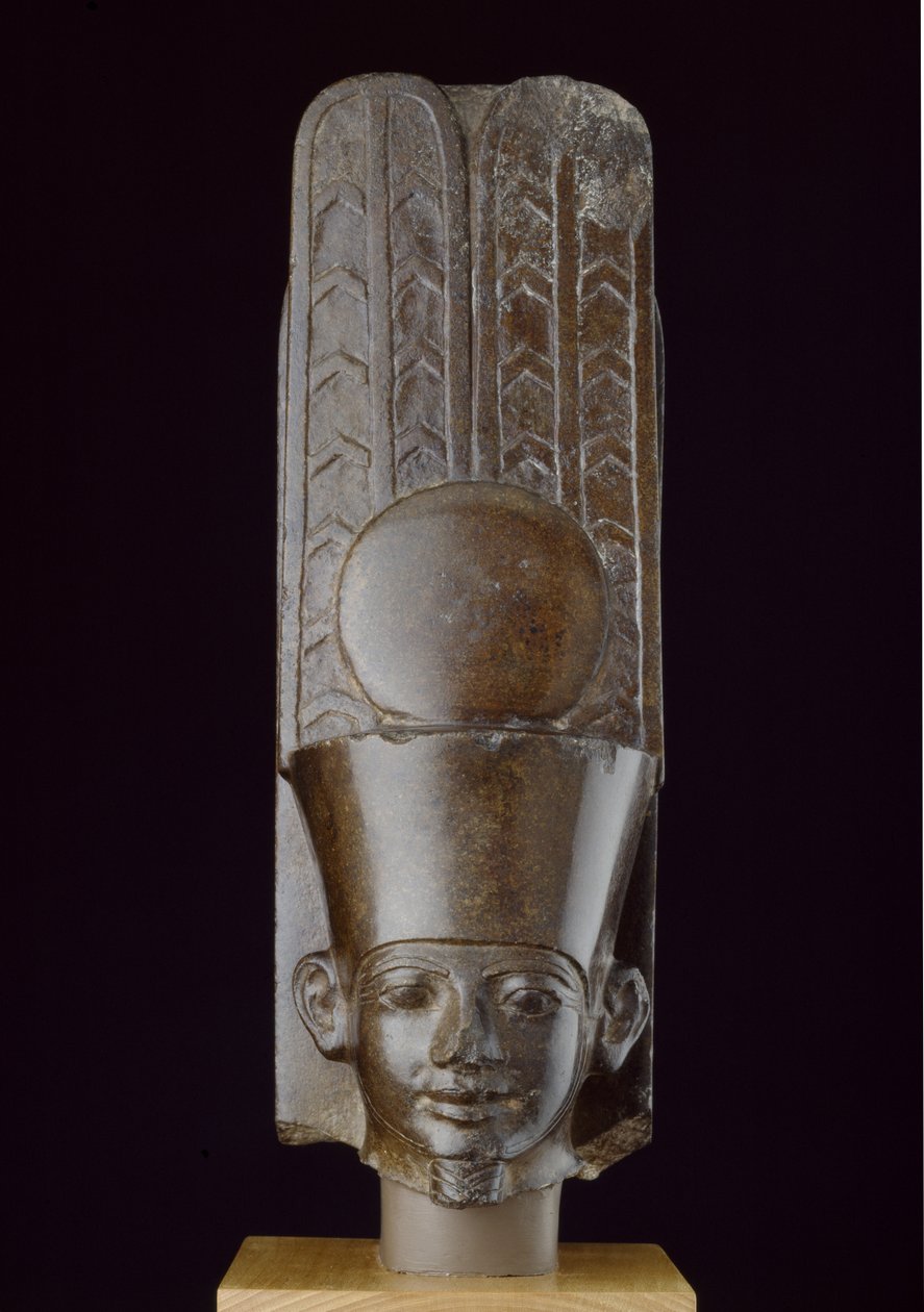 Amuns kvartsithoved indskrevet på bagsøjlen med Horus-navnet Tanewatamani udskåret mørkebrun kvartsit af Egyptian 25th Dynasty