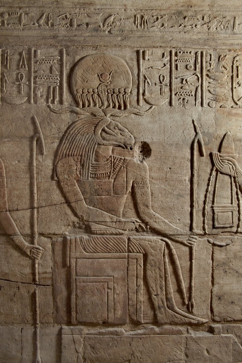 Relief på en helligdom opført af farao Taharqa i gården til Amuntemplet, som han byggede i Kawa i Nubien, 25. dynasti, sen periode, 690-64 f.Kr., sandstensdetalje af 107896 af Egyptian 25th Dynasty
