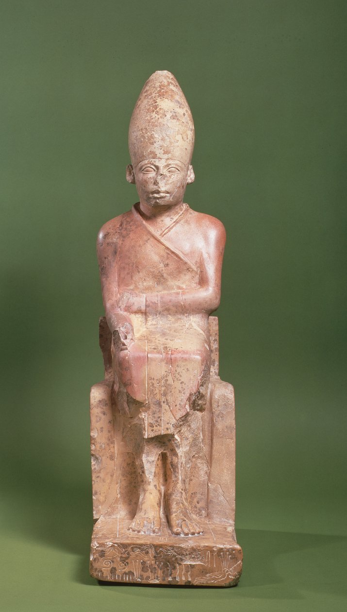 Siddende statue af farao Khasekhem med erobrede fjender indskåret rundt om basen, fundet ved Hierakonpolis, ca. 2700 f.Kr. (kalksten) af Egyptian 2nd Dynasty