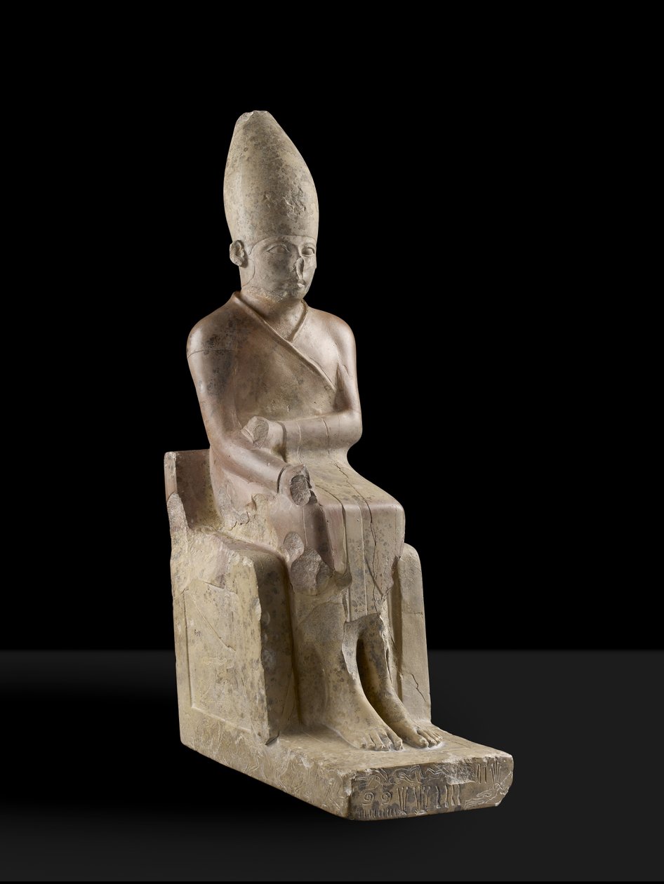 Siddende statue af farao Khasekhem med indgraverede fjender rundt om foden, Hierakonpolis, ca. 2700 f.Kr. (kalksten) af Egyptian 2nd Dynasty