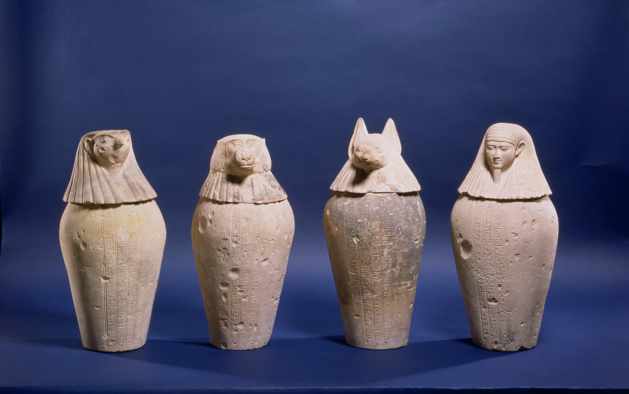 Sæt med fire baldakinkrukker tilhørende Djedbastetefankh, fra hans grav i Hawara, sen periode, ca. 380-342 f.Kr. (kalksten) af Egyptian 30th Dynasty
