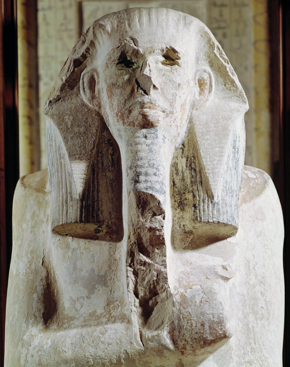 Siddende statue af kong Djoser (2630-2611 f.Kr.) fra dødetemplet ved siden af Djosers trinpyramide i Saqqara, tidlig dynastisk periode (kalksten) (detalje) af Egyptian 3rd Dynasty