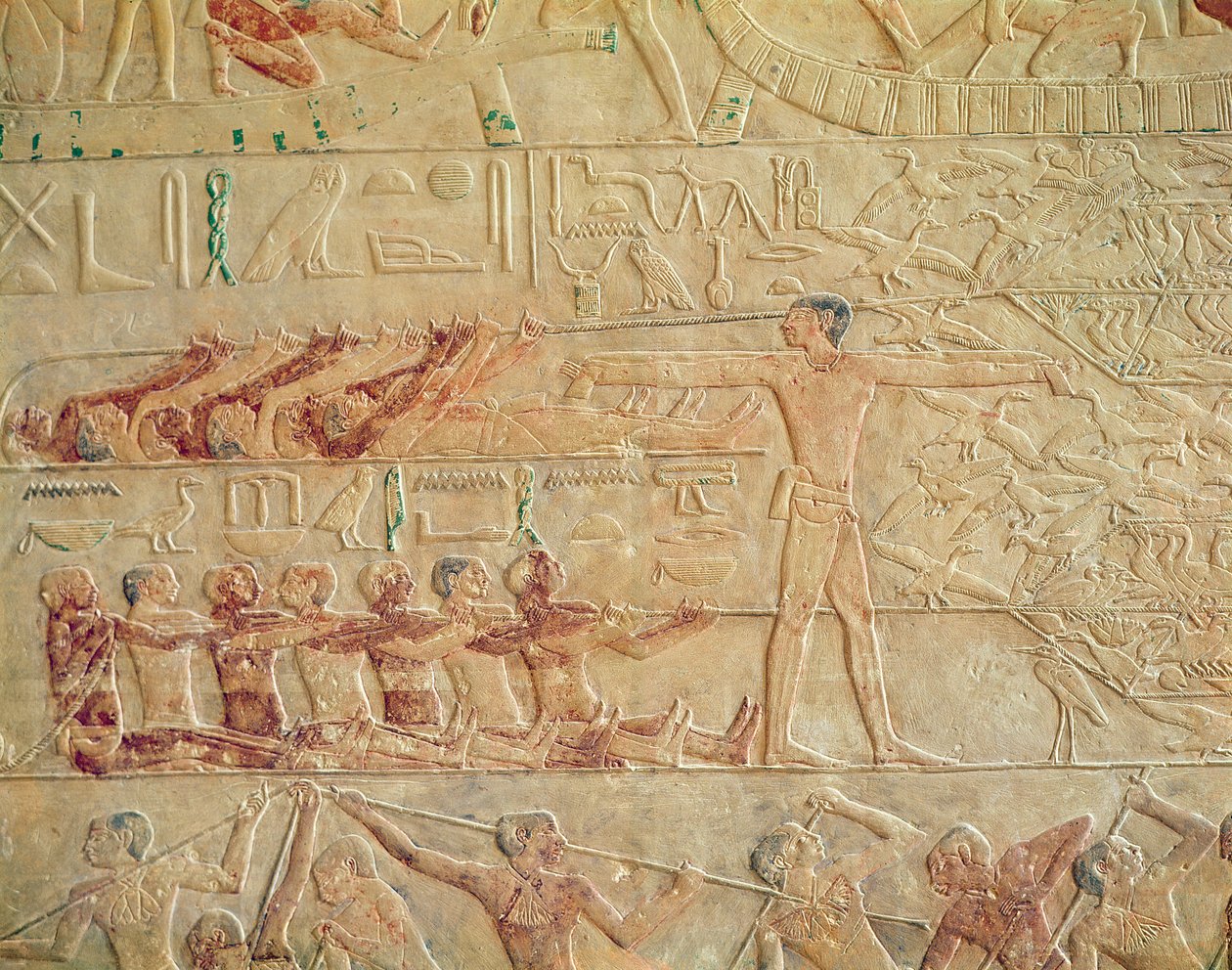 Relief af mænd, der træner, fra Mastaba i Ptah-Hotep og Akhti-Hotep, Old Kingdom (malet kalksten) af Egyptian 5th Dynasty