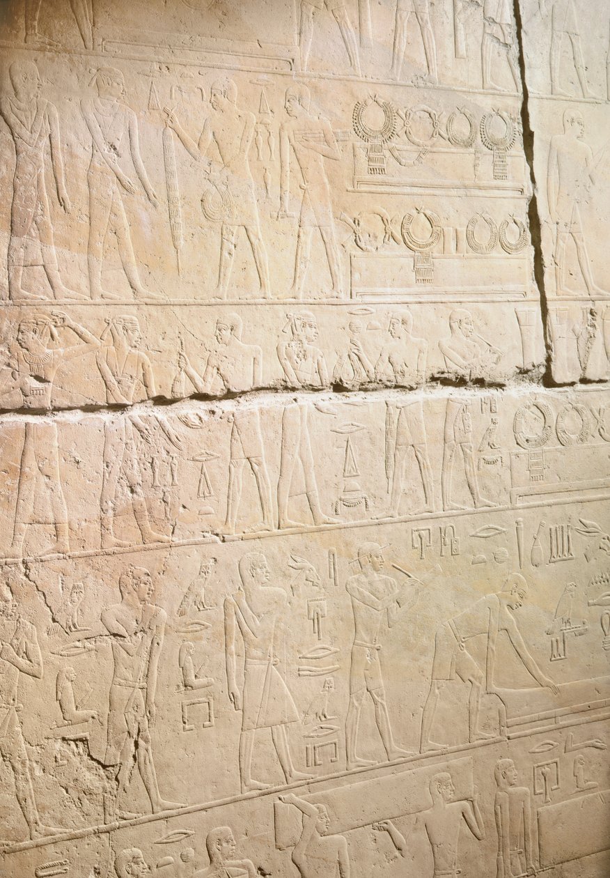Relief fra Mastaba af Akhethotep, der viser udskiftningen af halskæderne, fra Saqqara, Old Kingdom (malet kalksten) af Egyptian 5th Dynasty