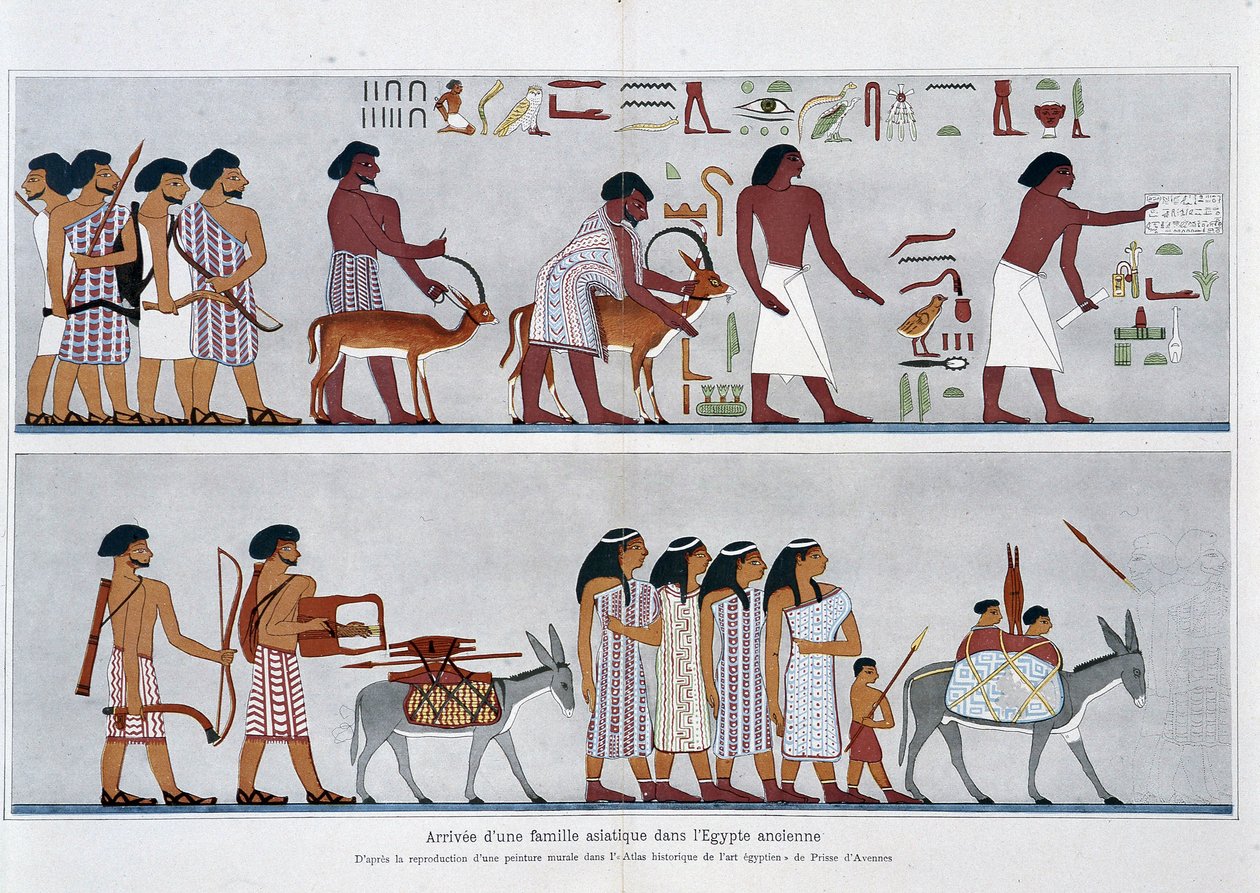 Ankomst af en asiatisk familie til det gamle Egypten: Fra gengivelsen af et vægmaleri i "Historical Atlas of Egyptian Art" af Prisse d