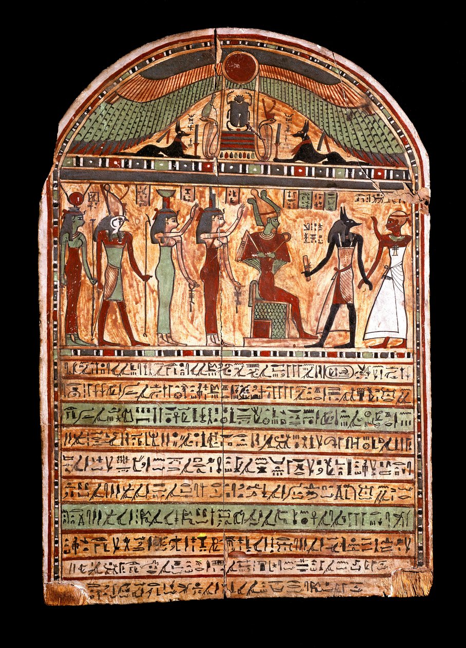 Egyptisk antikvitet: en ypperstepræsts begravelsesstele: Osiris byder den afdøde velkommen i Anubis, bag ham guderne Isis, Nephtis (Nephtys eller Neftis), Horus, Hathor. 3.-2. århundrede f.Kr. turin, egyptisk museum - egyptiske antikviteter: begravelsesste af Egyptian