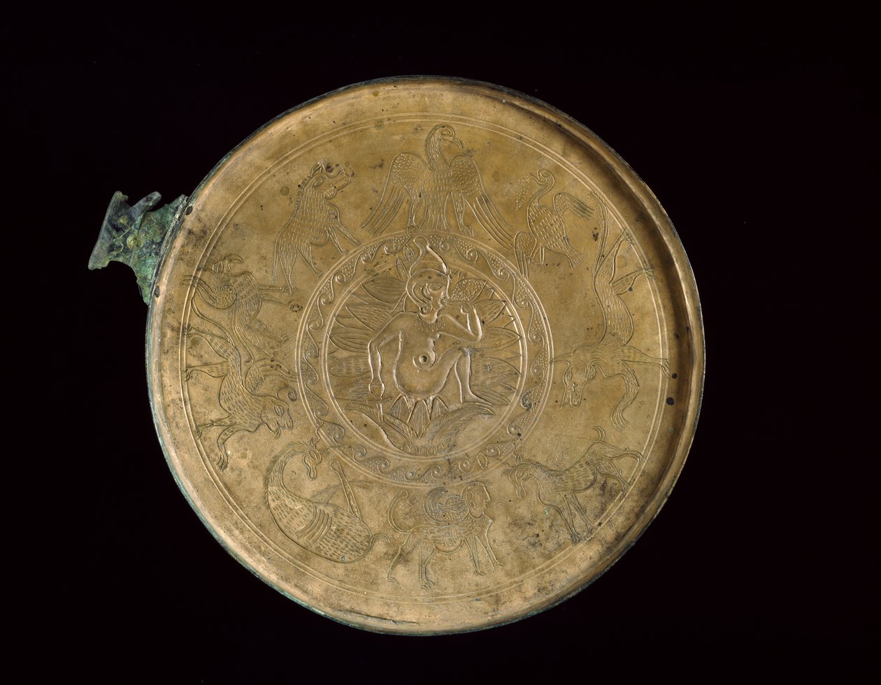 Interiør af et spejl med indgraveret figur af Harpocrates, lotusblomster og mytiske dyr, 100 f.Kr. - 100 e.Kr. (støbt bronze med indskåret dekoration) af Egyptian