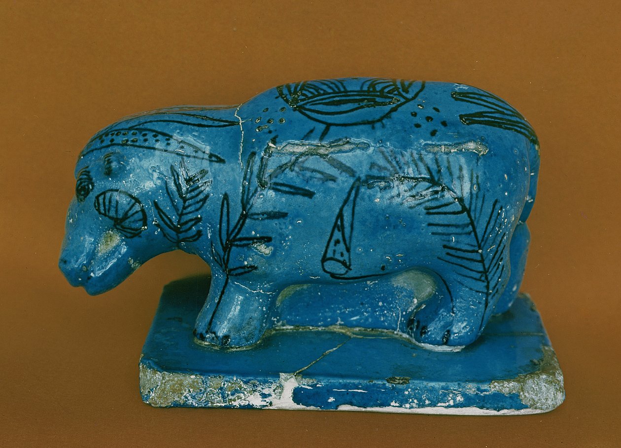 Blå flodhest med sort dekoration, fra Dra Aboul Naga, Middle Kingdom (fajance) af Egyptian 11th Dynasty