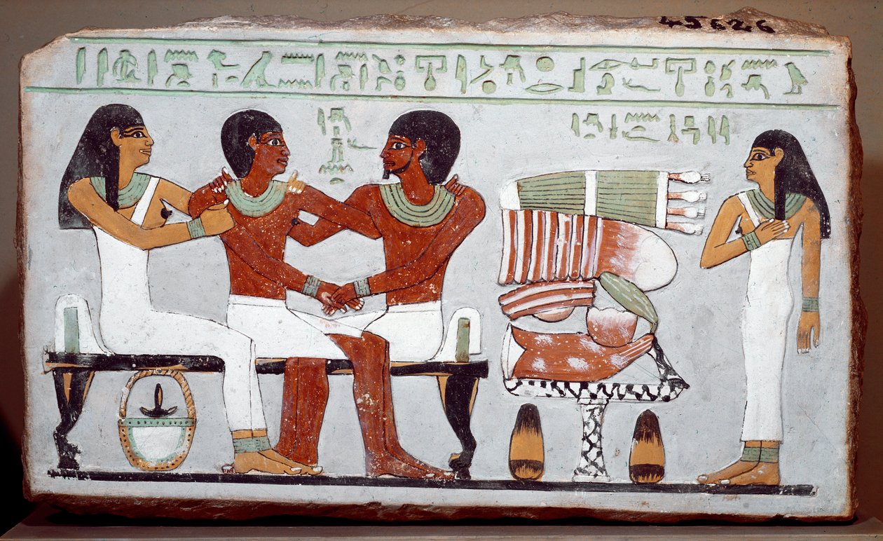 Egyptisk antikvitet: begravelsesstele malet kalksten, der forestiller familien til Amenemhet (Amenemhat) af Egyptian 11th Dynasty