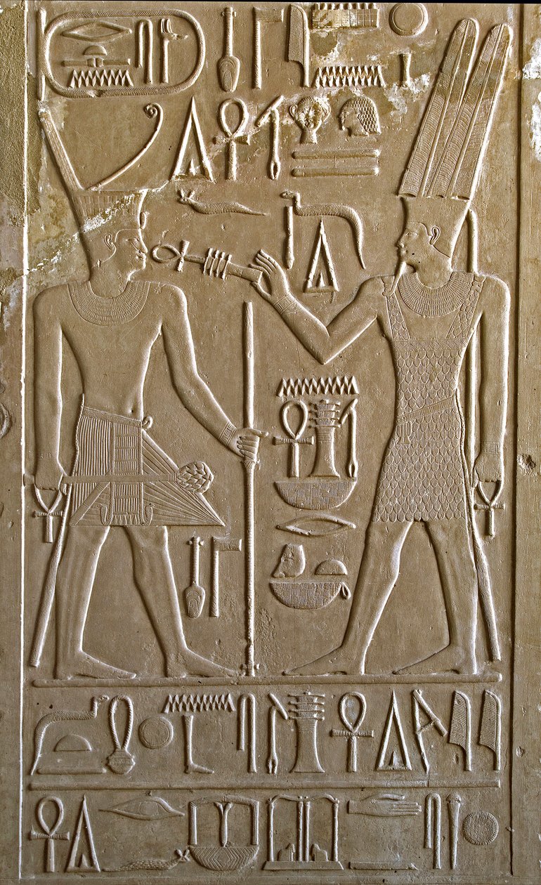 Egyptisk antikvitet: hieroglyf, der skildrer Sesostris I, der fra hænderne på Amon RA modtager symbolerne på liv og sundhed - Farao Sesostris I