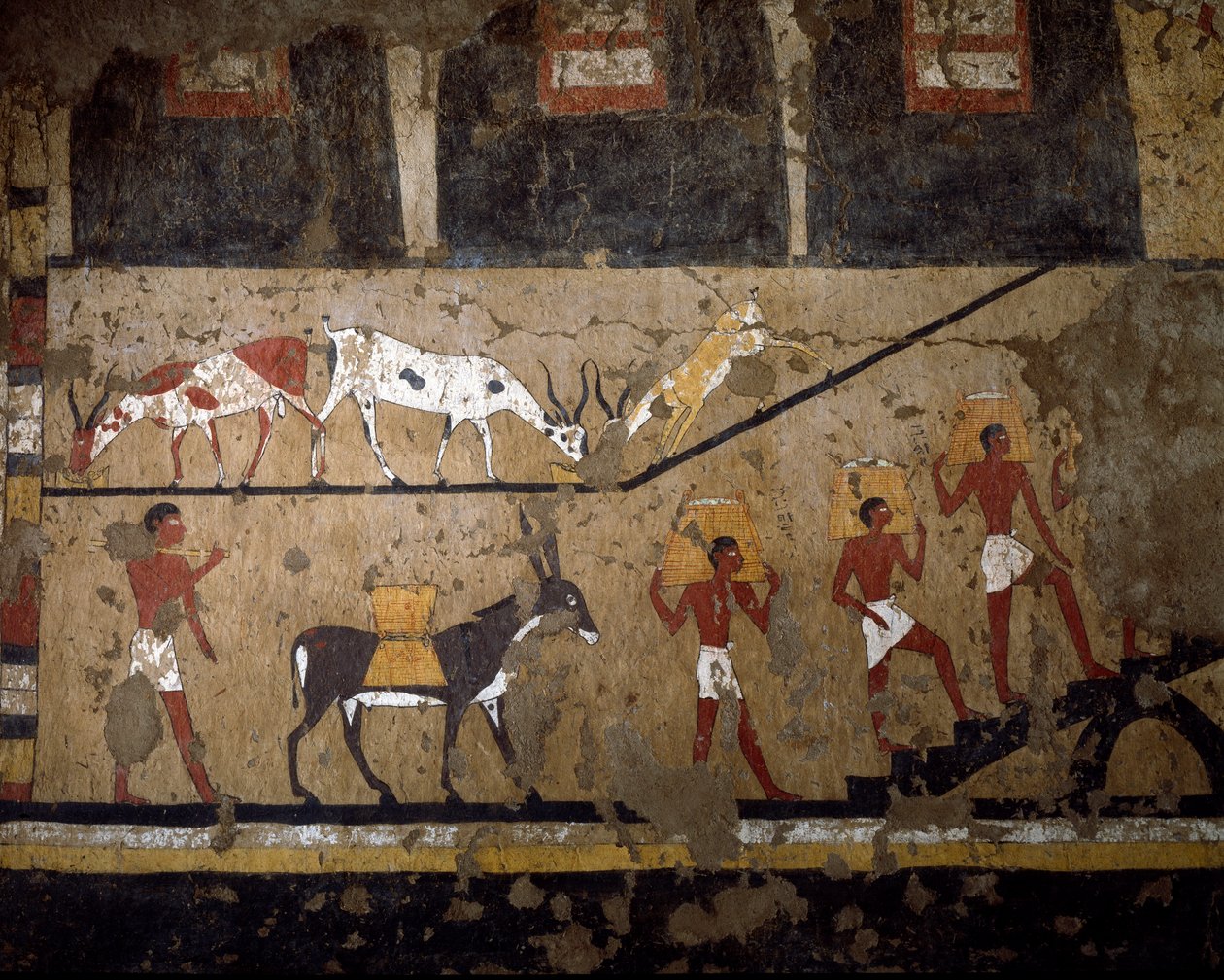 Egyptisk antikvitet: transport af hvede på ryggen af multe og på ryggen af slaver. Fresko af dronning Neferou III