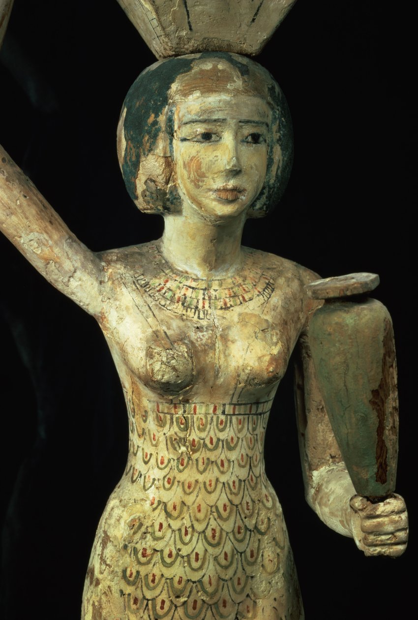 Kvindelig offerbærer med en vandvase i hånden og et kar på hovedet, Egyptisk, Mellemriget, ca. 1950 f.Kr. (stuket og malet figentræ) (detaljer fra 93791) af Egyptian 12th Dynasty