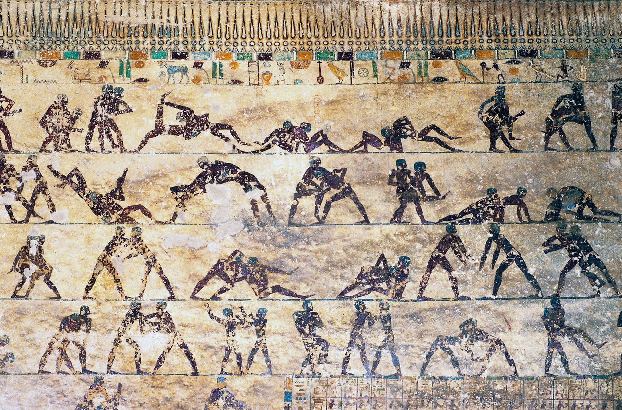 Kampscener, vægmaleri, Kethi-grav, Beni Hasan Necropolis, Egypten, Egyptisk civilisation, Mellemriget, Dynasti XII af Egyptian 12th Dynasty