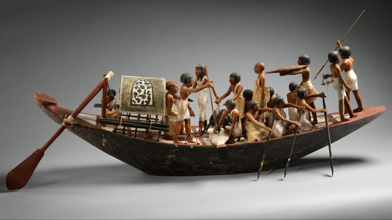 Model sportsbåd fra graven af Meketre, ca. 1981-1975 f.Kr. (pudset og malet træ, linned, hørgarn, kobber) af Egyptian 12th Dynasty