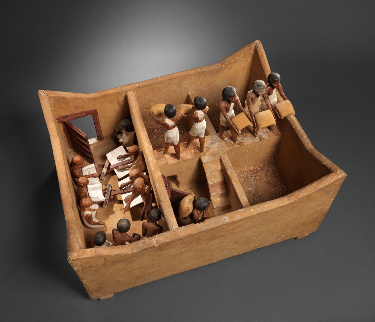 Model af et kornkammer med skriftkloge fra Meketres grav, ca. 1981-1975 f.v.t. (træ, gips, maling, linned, korn) af Egyptian 12th Dynasty