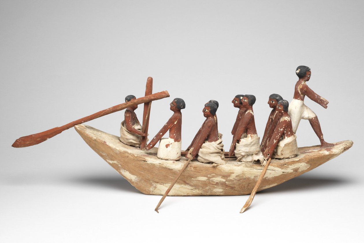 Model sejlbåd fra Tomb of Khety (Beni Hasan) Middle Kingdom, ca. 2010 B.C. - 1950 f.Kr. (malet træ og linned) af Egyptian 12th Dynasty