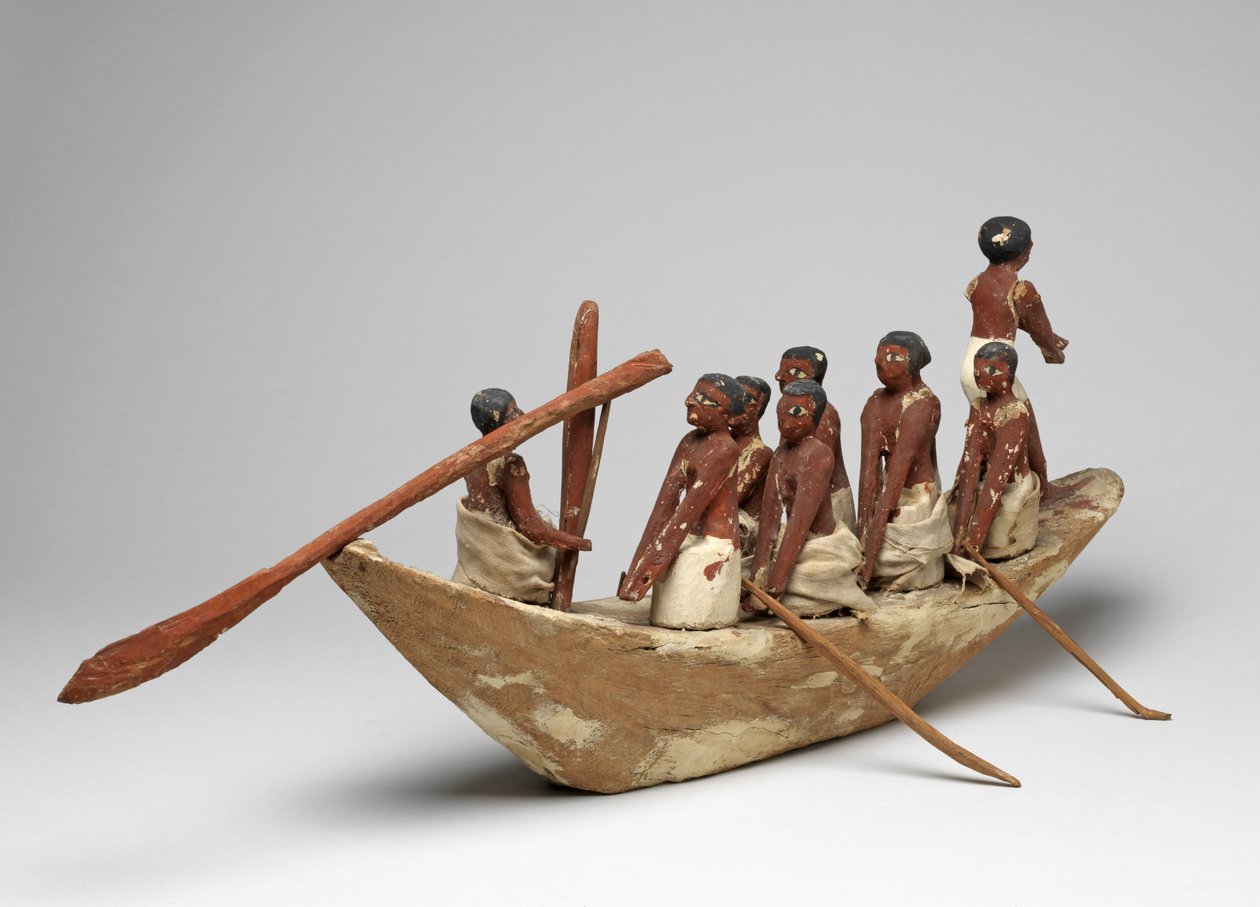 Model sejlbåd fra Tomb of Khety (Beni Hasan) Middle Kingdom, ca. 2010 B.C. - 1950 f.Kr. (malet træ og linned) af Egyptian 12th Dynasty