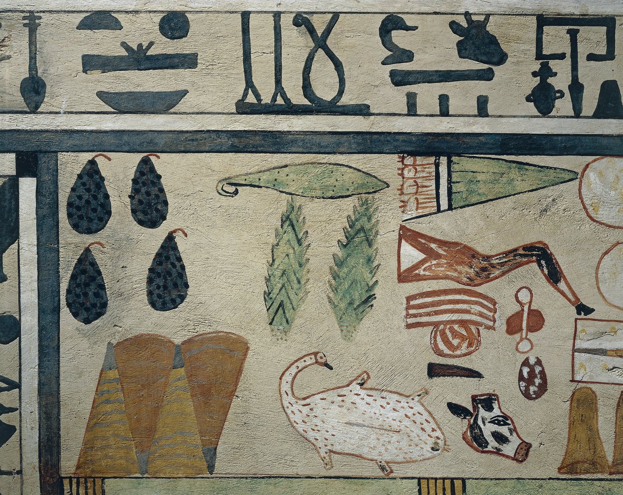 Paneldetalje, der repræsenterer forskellige madtilbud, fra Sarcophagus of Irinimenpu af Egyptian 12th Dynasty