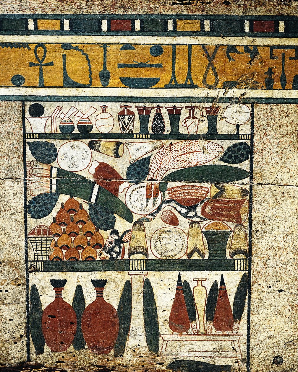 Pudset, malet træpaneldetalje med bunke af begravelsesoffer, fra Sarcophagus of Ibi af Egyptian 17th Dynasty