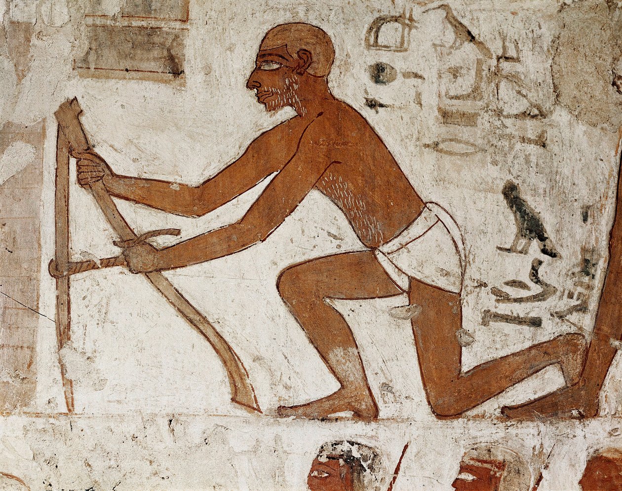 En håndværker, der måler til opførelsen af en mur, detalje af freskoen, der dekorerer Rekhmires grav, guvernør i Theben og vesir under faraoernes Thutmes III og Amenophis II (18. dynasti 1500 til 1292 f.Kr.), Tomb (TT100), Vall af Egyptian 18th Dynasty