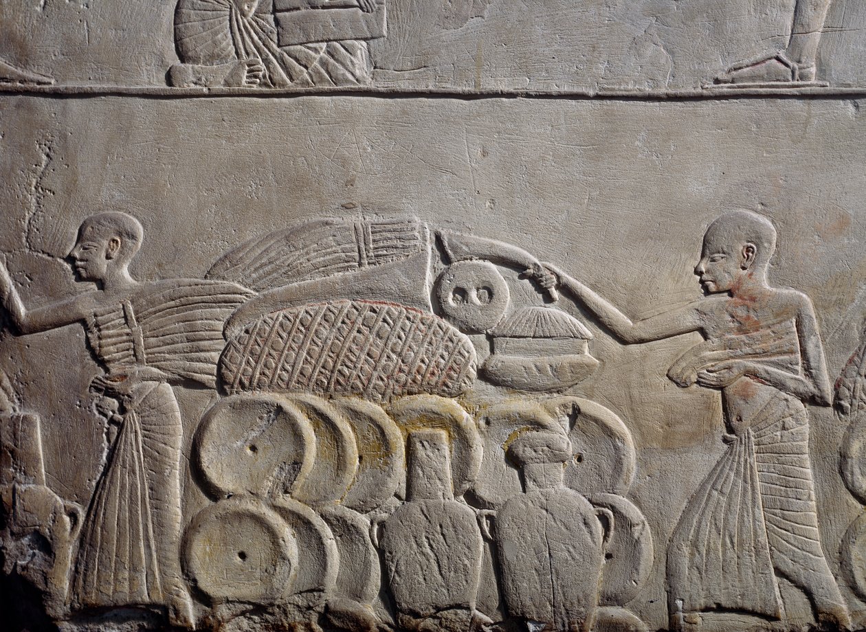 Opstilling af fødevarer i lagerbygninger, vægrelief i kalksten, fra Horemhebs memfitiske grav i Saqqara, den egyptiske civilisation, Det Nye Rige, XVIII. dynasti af Egyptian 18th Dynasty