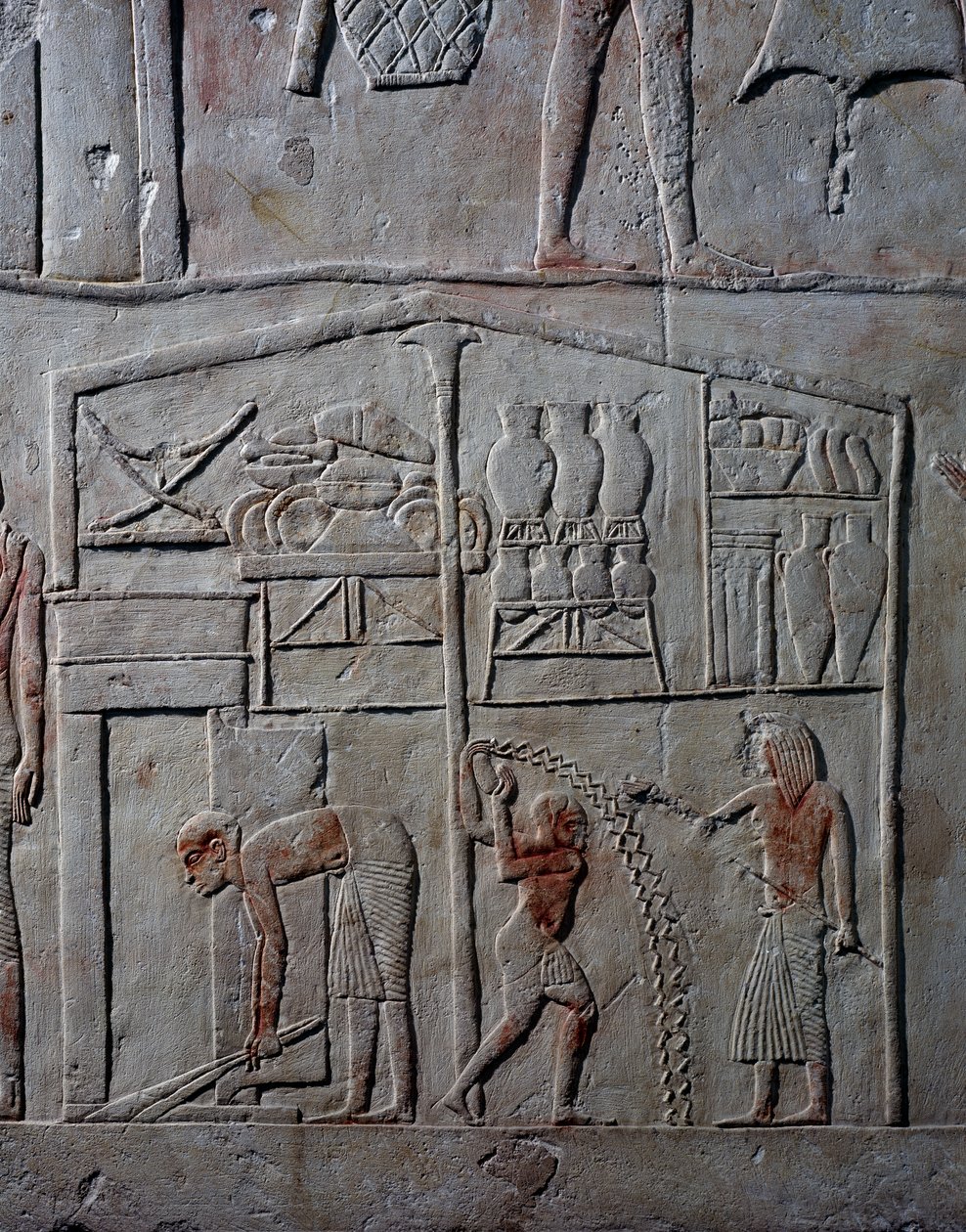 Opstilling af fødevarer i lagerbygninger, vægrelief af kalksten, fra Horemhebs memfitiske grav i Saqqara, Egyptisk civilisation, Det Nye Rige, XVIII. dynasti af Egyptian 18th Dynasty