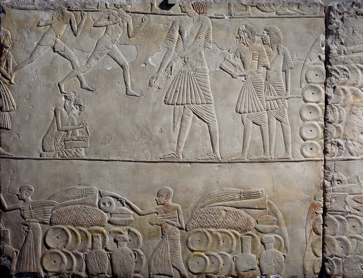Opstilling af fødevarer i lagerbygninger, vægrelief af kalksten, fra Horemhebs memfitiske grav i Saqqara, Egyptisk civilisation, Det Nye Rige, XVIII. dynasti af Egyptian 18th Dynasty