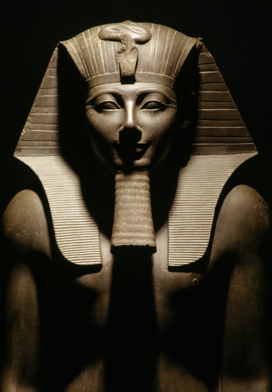 Basaltstatue af Thutmose III, fra Amun-templet i Karnak, Egypten, den egyptiske civilisation, Ny Rige, Dynasti XVIII, detalje af Egyptian 18th Dynasty