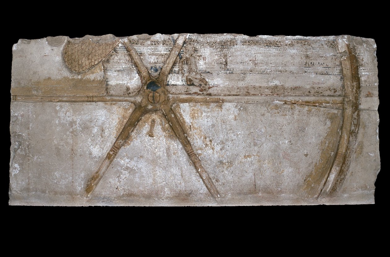 Udskåret og malet kalkstensblok med afbildning af et vognhjul, 1353-35 f.Kr. (kalksten) af Egyptian 18th Dynasty