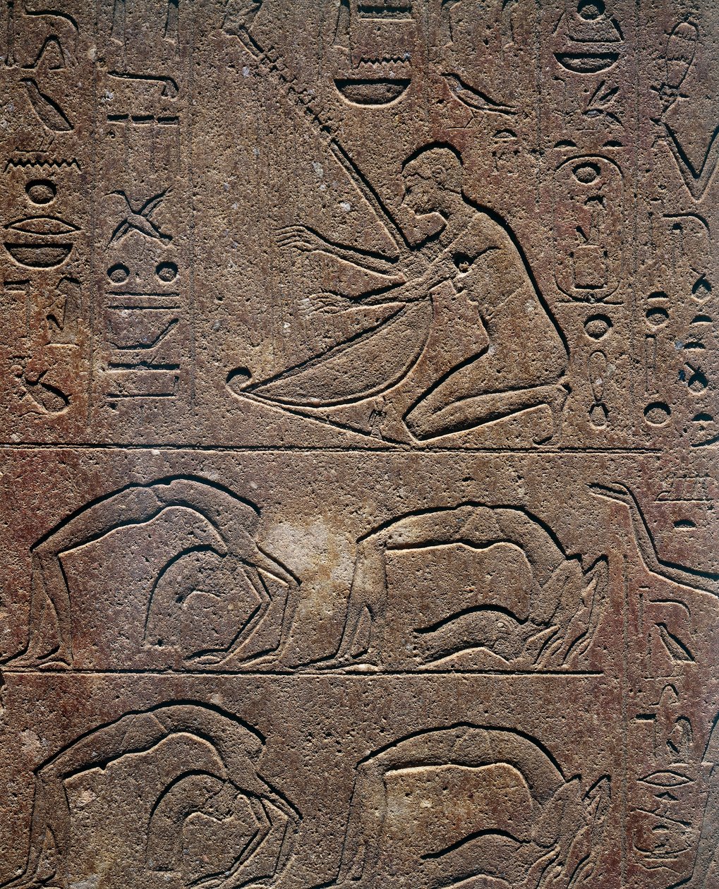 Festligheder med harpespiller og akrobater, relief, Hatshepsuts røde kapel, rekonstruktion udstillet på Karnak-museet, Egyptisk civilisation, Det Nye Rige, XVIII. dynasti af Egyptian 18th Dynasty
