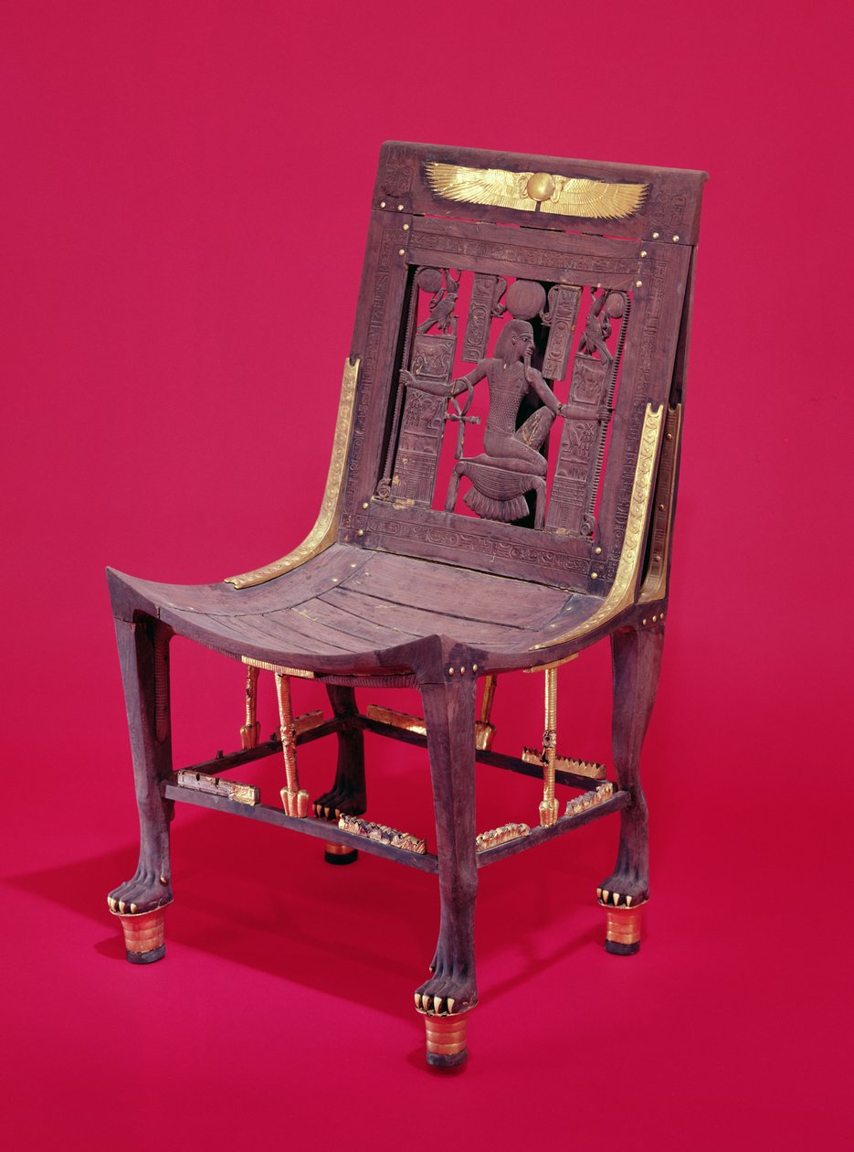 Stol, fra Tutankhamons grav (ca. 1370-1352 f.Kr.), der skildrer ånden i millioner af år, New Kingdom (cedertræ) (se også 148192) af Egyptian 18th Dynasty