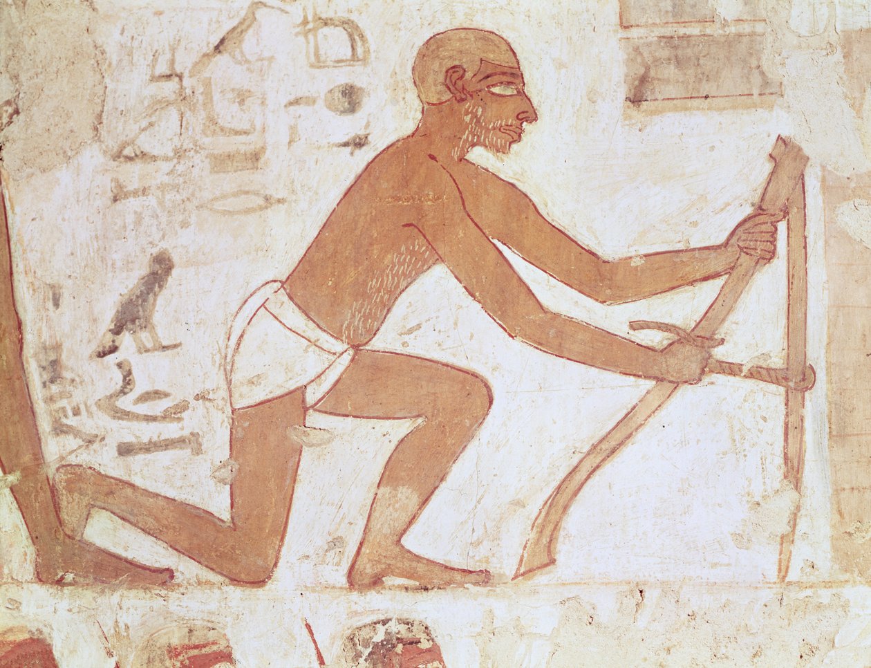 Konstruktion af en væg, detalje af en mand med en hakke, fra Rekhmires grav, vesir af Tuthmosis III og Amenhotep II, New Kingdom (vægmaleri) (detalje af 157750) af Egyptian 18th Dynasty