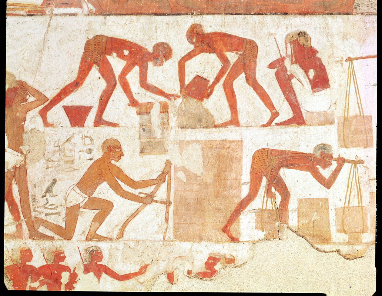 Konstruktion af en mur fra Rekhmires grav, vesir af Tuthmosis III og Amenhotep II, New Kingdom (vægmaleri) (se 202228 for detaljer) af Egyptian 18th Dynasty