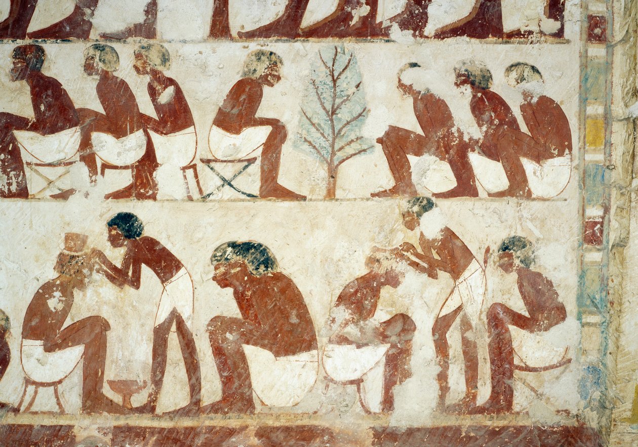 Klipning af soldaternes hår, freskomaleri, sydvæg, vestlige tværgående kammer, Brugerhats grav, vejleder og skriver under Amenhotep II