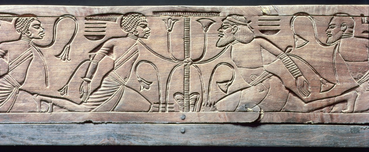 Detalje fra Tutankhamons ceremonielle fodskammel (ca. 1370-52 f.Kr.) New Kingdom (træ) af Egyptian 18th Dynasty