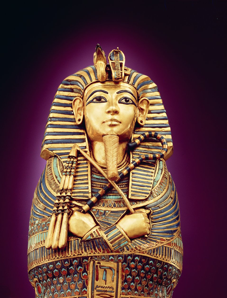 Detalje af frontbilledet af en af baldakinkisterne, fra Tutankhamons grav, New Kingdom (slået guld indlagt med farvet glas & cornelian) af Egyptian 18th Dynasty