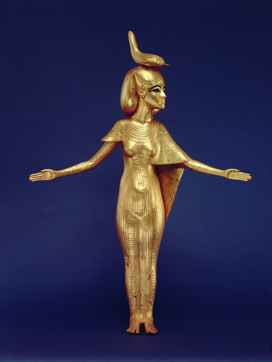 Detalje af gudinden Selket fra den canopiske helligdom, fra Tutankhamons grav (ca. 1370-1352 f.Kr.) New Kingdom (forgyldt træ) (se også 228567) af Egyptian 18th Dynasty