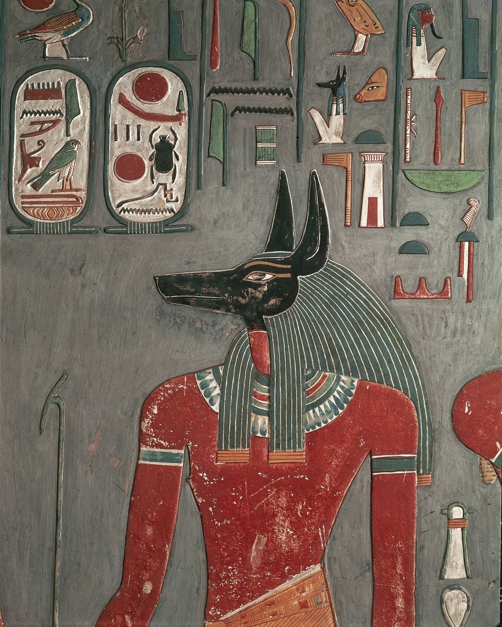 Egypten, Oldtidens Theben, Kongernes Dal, Vægmaleri af Anubis ved Horemhebs grav af Egyptian 18th Dynasty