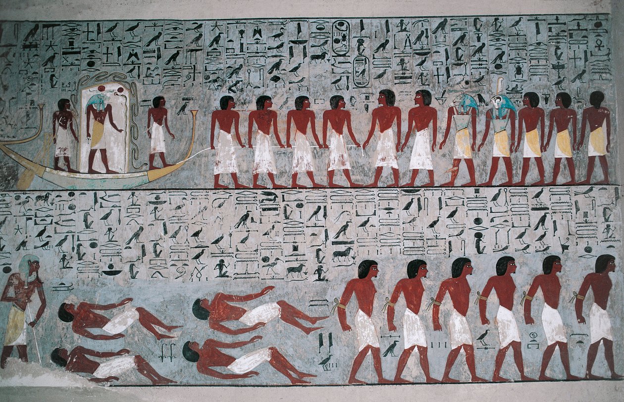 Egypten, Luxor, Kongernes Dal, Horemhebs grav, vægmaleri af Egyptian 18th Dynasty