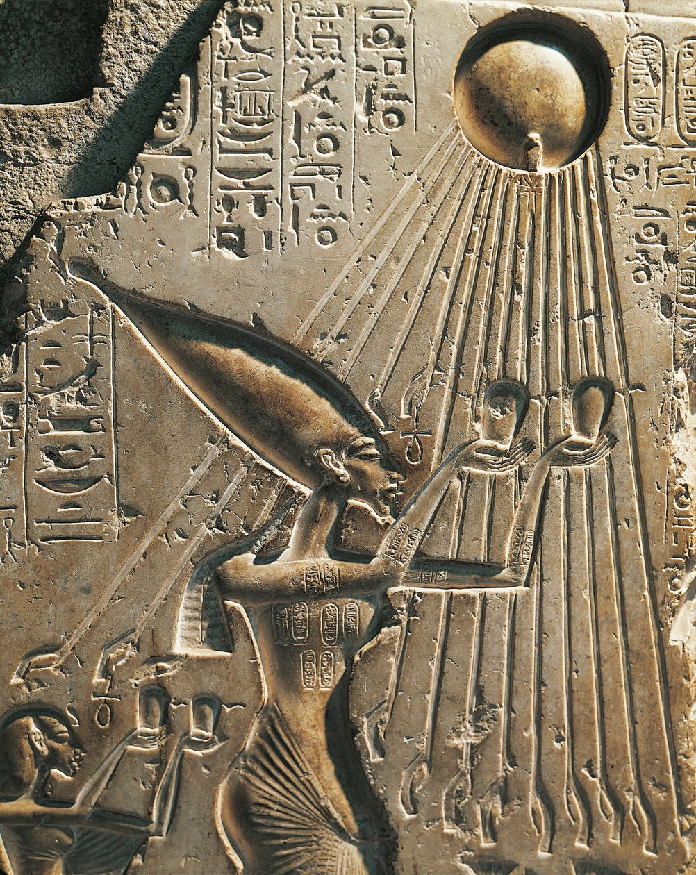 Egypten, Tell el-Amarna, Bas-relief, der forestiller Amenhotep IV (Farao Akhenaten, ca. 1360-1342), mens han tilbeder solskiven, attende dynasti, Det Nye Kongerige (kalksten) af Egyptian 18th Dynasty