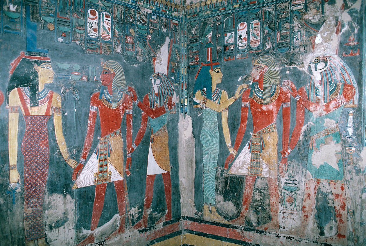 Egypten, Theben, Luxor, Kongernes Dal, Horemhebs grav, vægmaleri forestillende Horemheb mellem gudinden Isis og guden Horus, Det Nye Rige, XVIII. dynasti af Egyptian 18th Dynasty