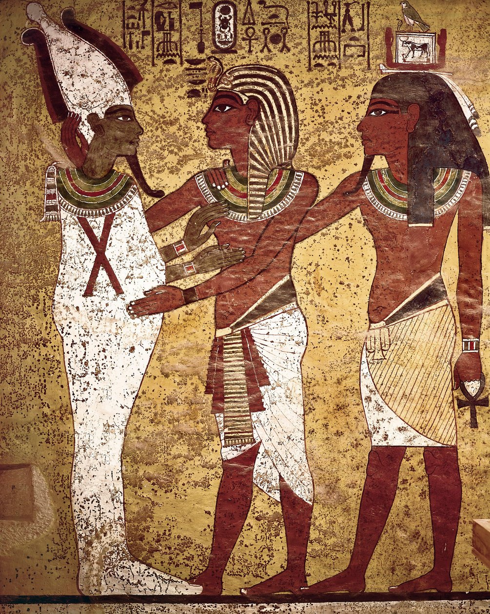 Ægyptisk oldtid: faraoen Tutankhamon overfor guden Osiris af Egyptian 18th Dynasty