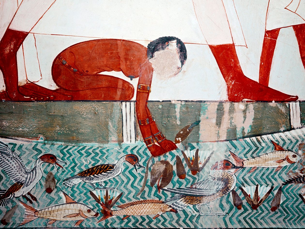 Egyptisk kunst: Mennas grav. Fiskescene, detaljer. En nøgen tjenestepige plukker en lotusblomst (18. dynasti) Fresco of Luxor (Thebens sted, Sheikh Abd al-Gournah (Gournah), Nilens venstre bred, Egypten. af Egyptian 18th Dynasty